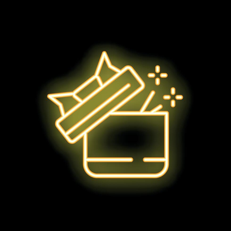 Neon icon of a surprise box opening with crown lid releasing sparkles vector