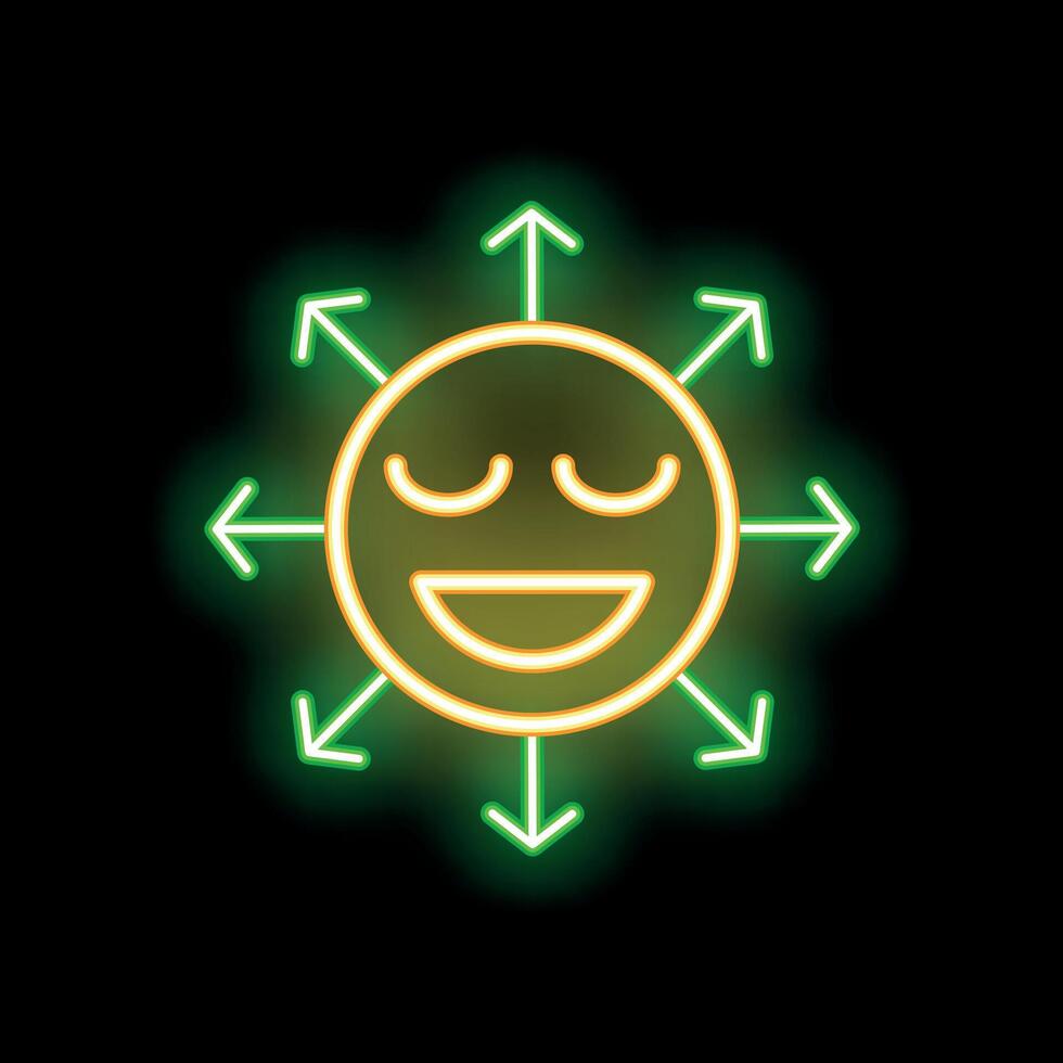 Neon sign showing happy emoji surrounded by green arrows on black background vector