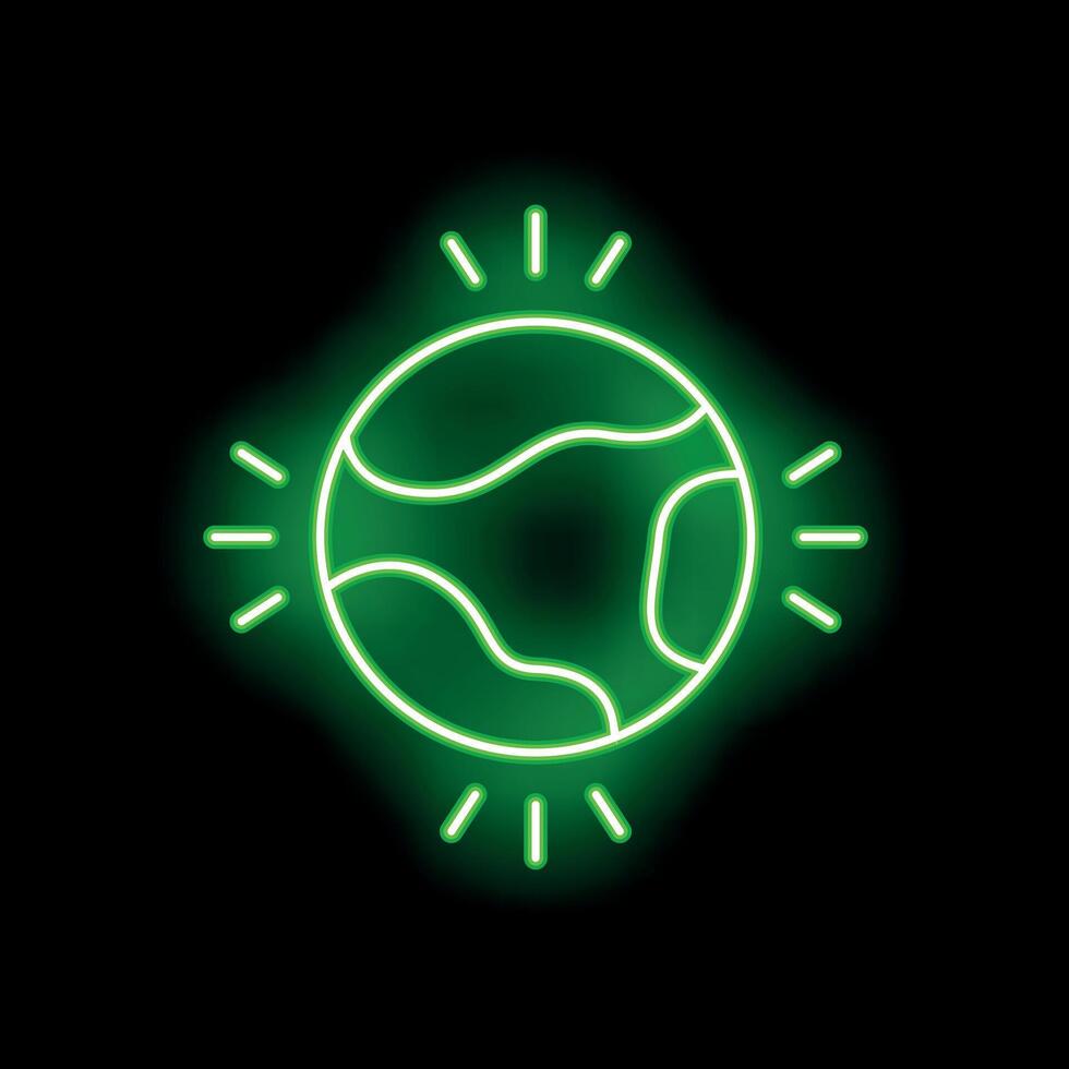 Green neon sign showing planet earth glowing on black background vector