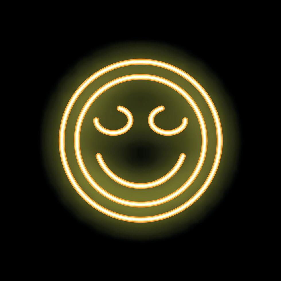 Yellow neon sign showing smiling face with closed eyes on black background vector