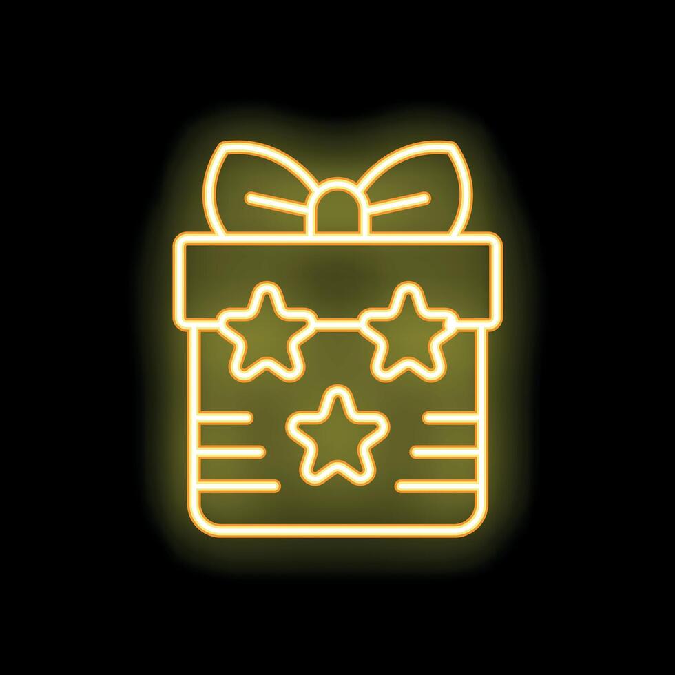 Neon yellow gift box with stars shining on black background vector