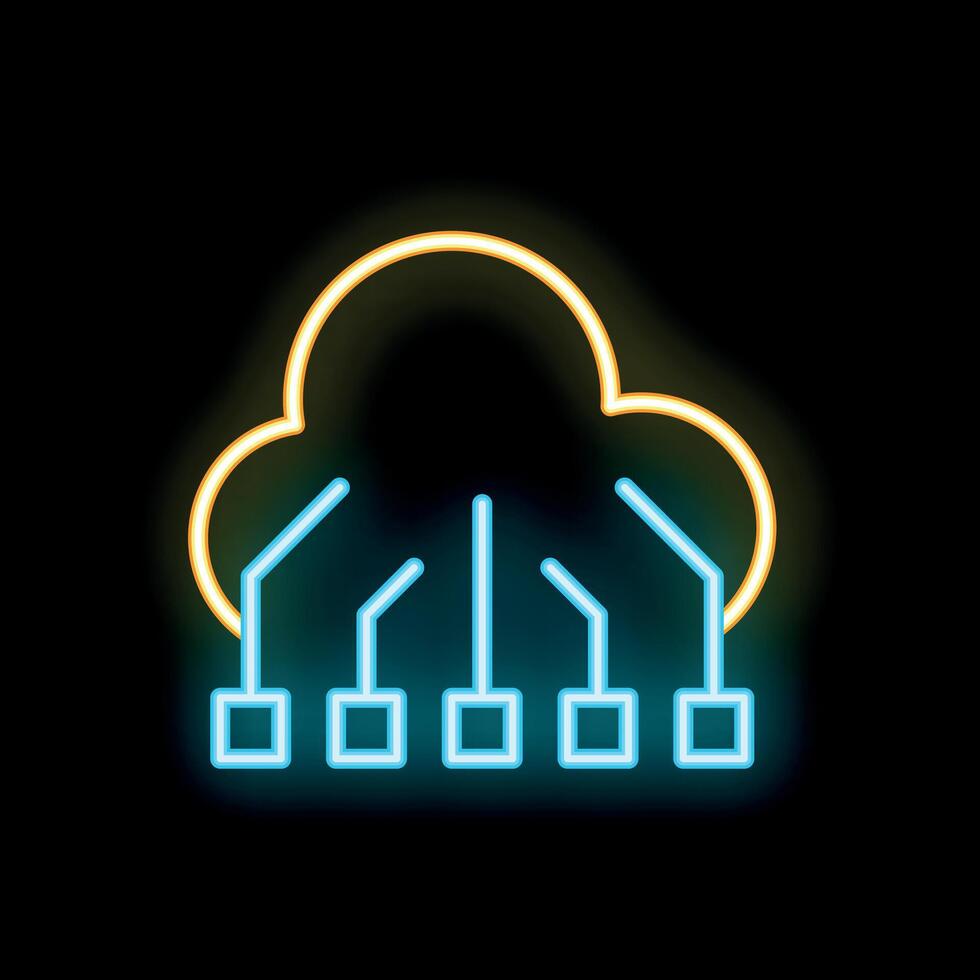 Neon cloud computing icon representing data storage and network connectivity vector