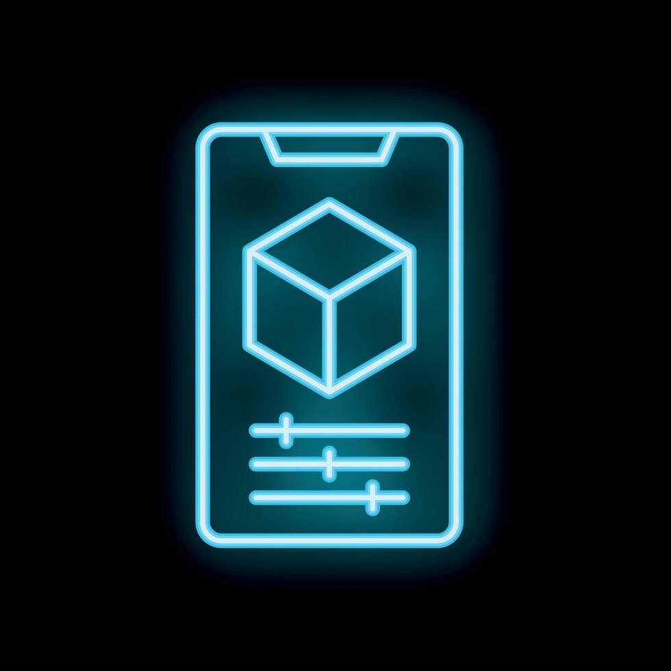 Neon smartphone showing augmented reality app with cubic shape and settings sliders vector