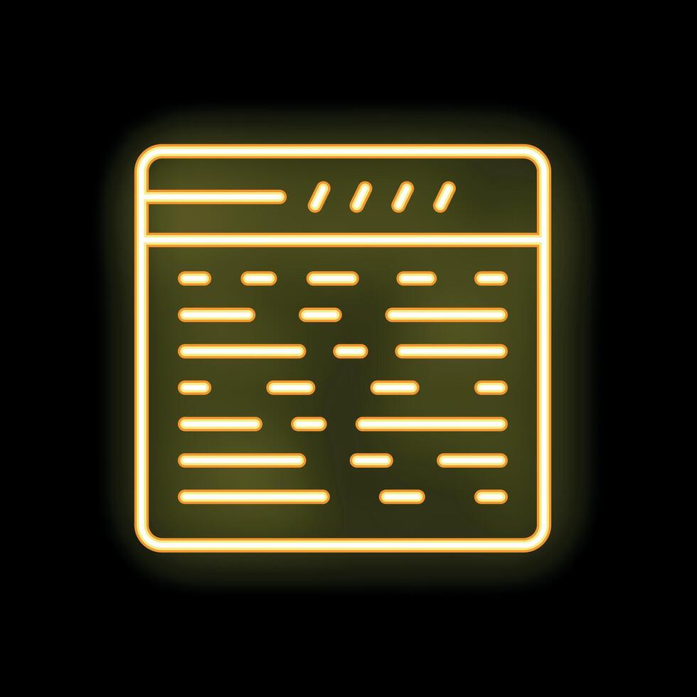Yellow neon icon of website page with text on it is glowing on dark background vector