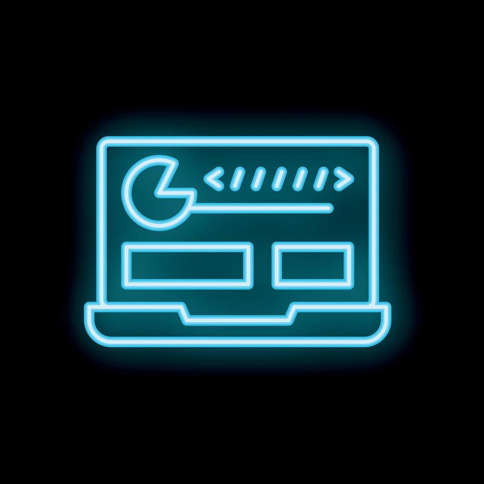 Neon blue laptop showing website design process on black background vector