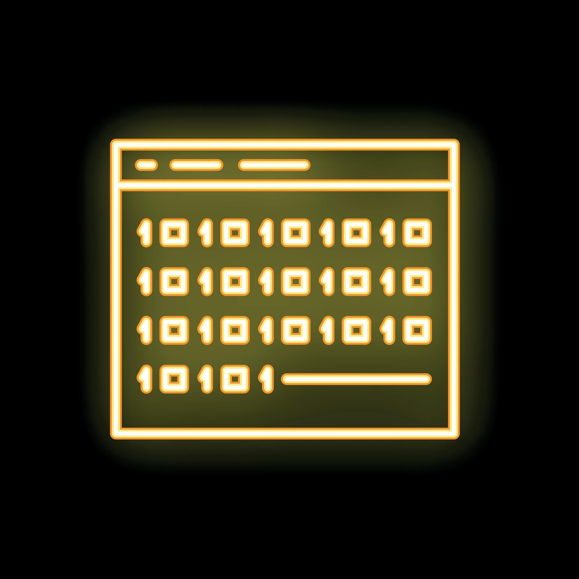 Yellow neon binary code inside browser window on black background ...