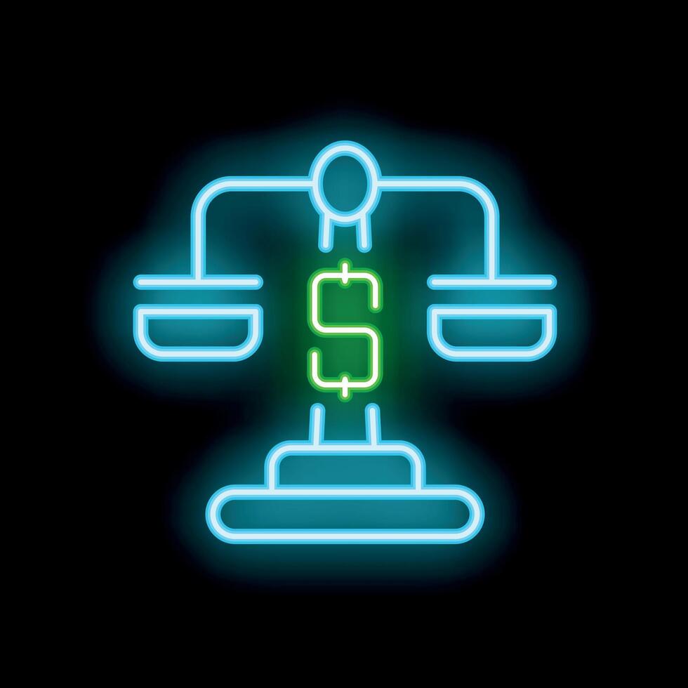 Neon dollar sign balancing on a scale icon vector
