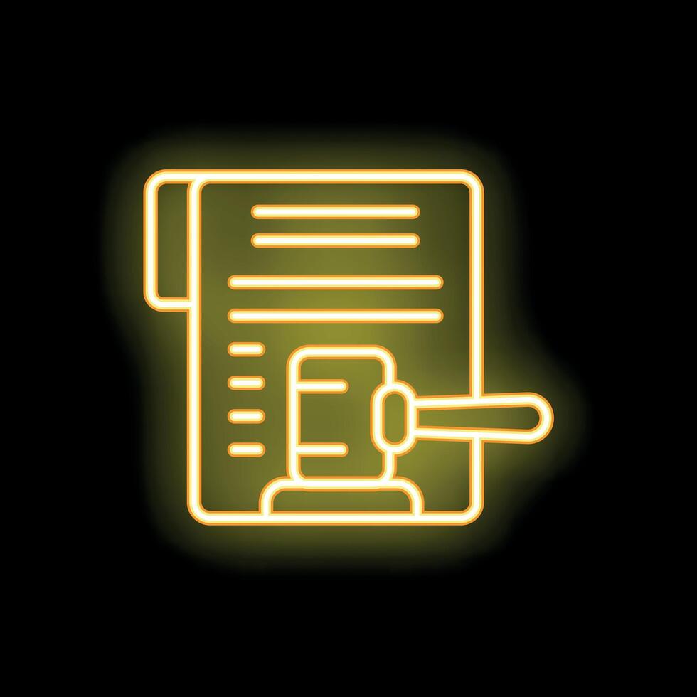 Neon yellow gavel striking legal document icon on black background vector