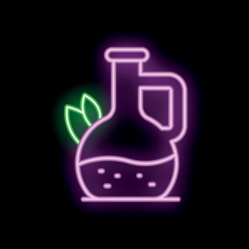 Neon sign depicting bottle filled with liquid and leaves on the side vector