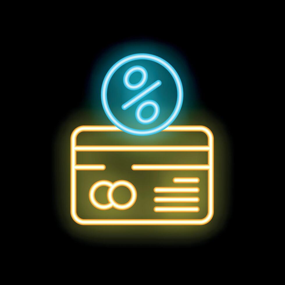 Glowing neon sign of credit card with percent symbol for interest, cashback, bonus program vector