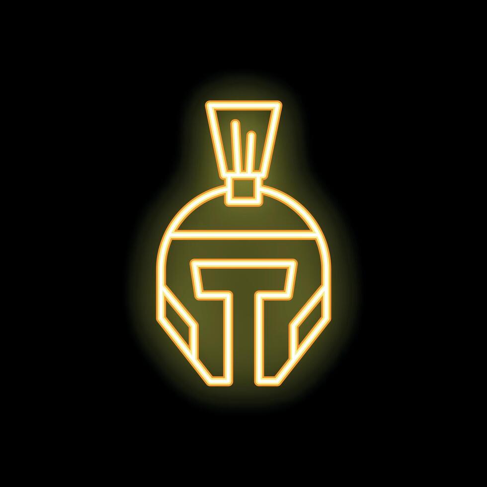 Golden glowing neon spartan helmet sign on black background vector