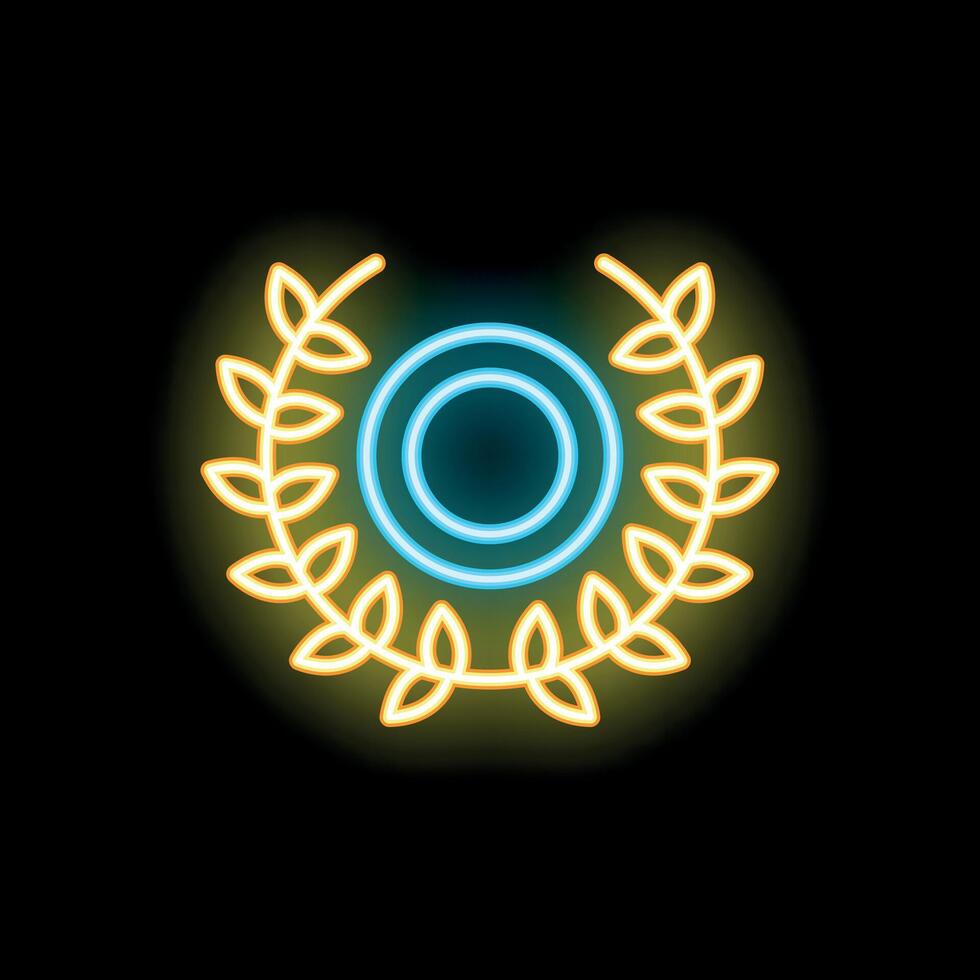Neon sign representing laurel wreath with blank badge on black background vector