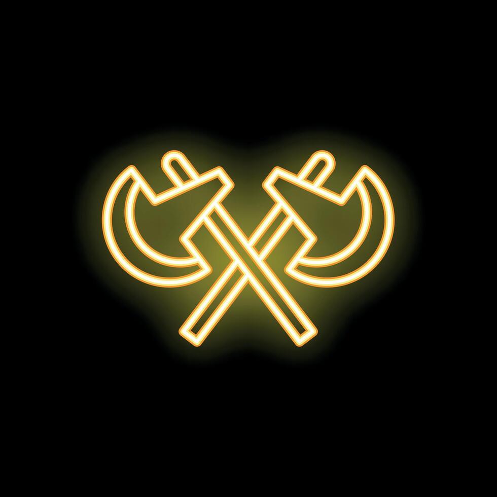Neon icon of two crossed axes glowing yellow on black background vector