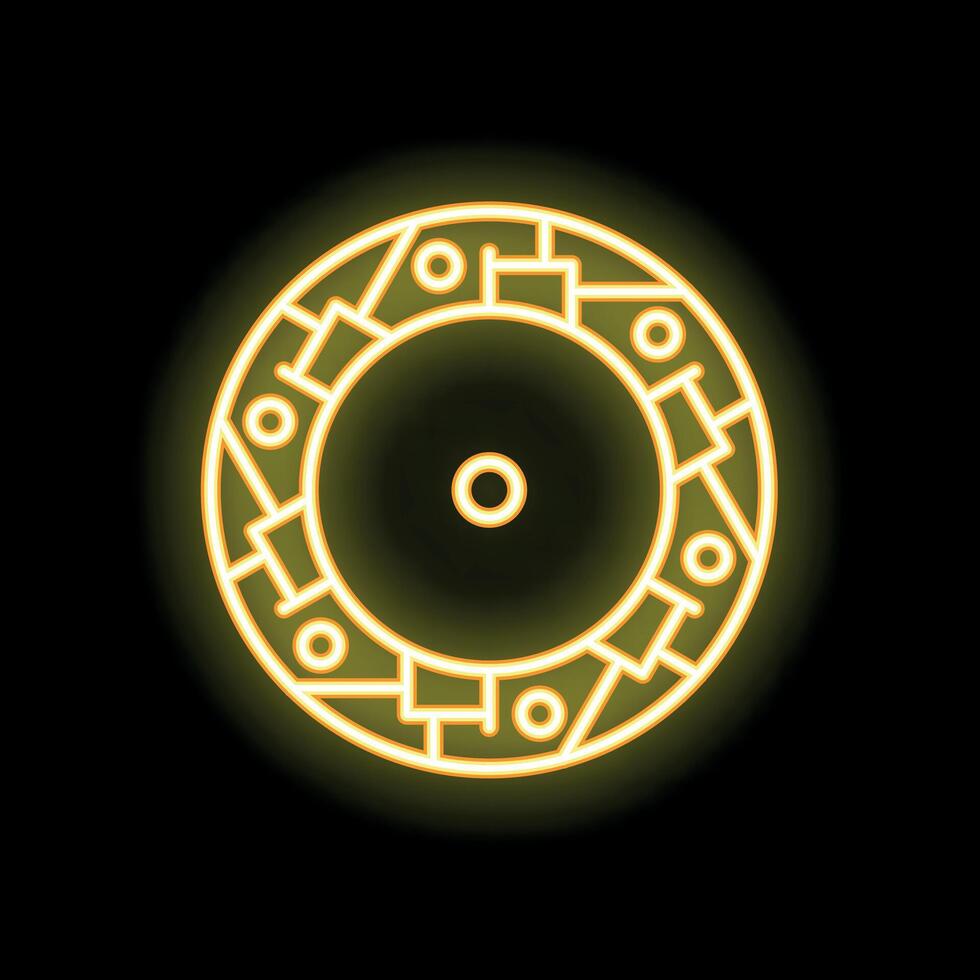 Yellow neon icon of car clutch disc glowing on black background vector