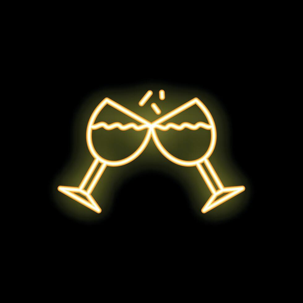 Two neon glowing wine glasses clinking on black background vector