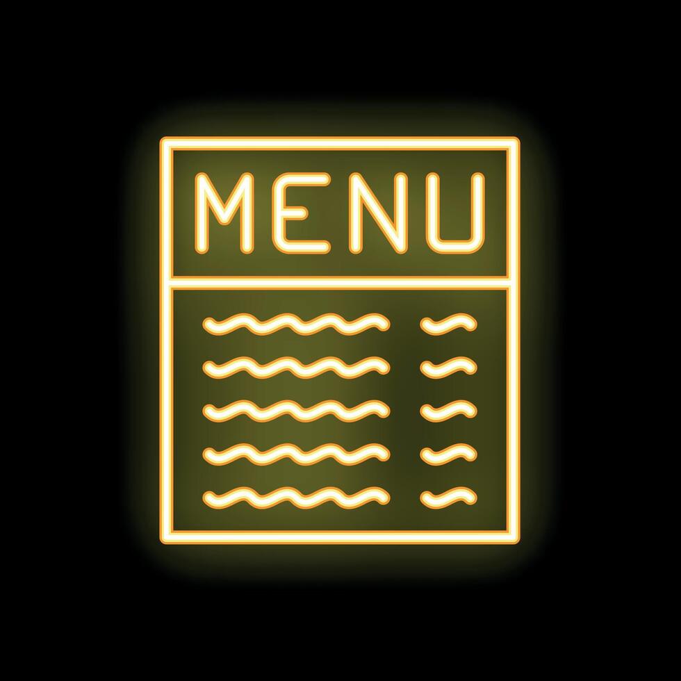 Yellow neon sign showing a menu on a black background vector