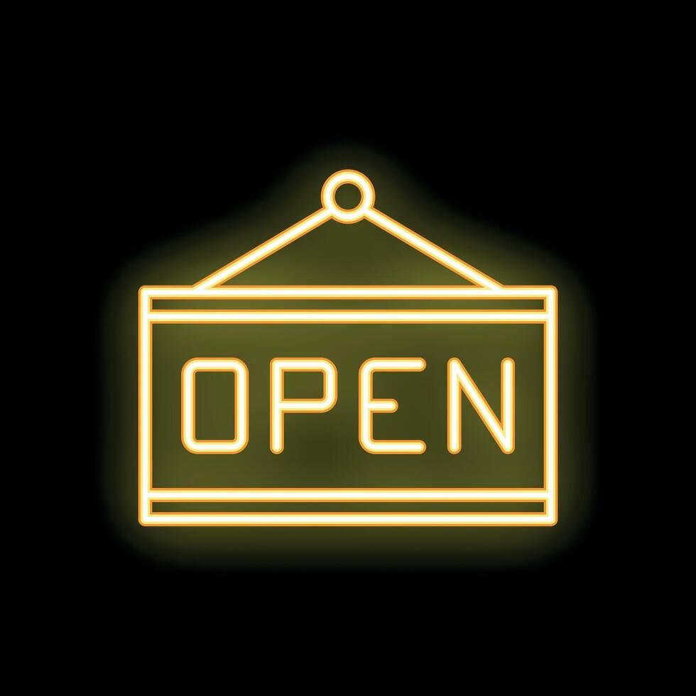 Yellow neon sign showing open on black background vector