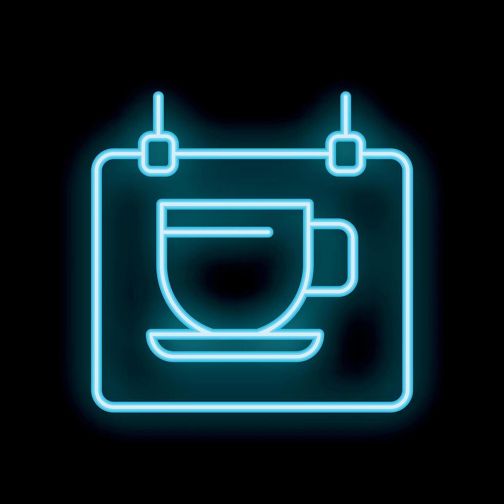 Neon blue sign showing a cup of coffee hanging on a black background vector