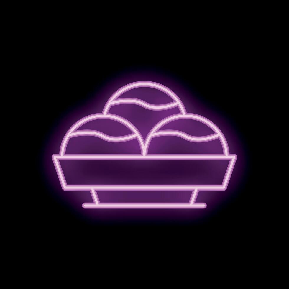 Neon sign of ice cream scoops in bowl glowing on black background vector