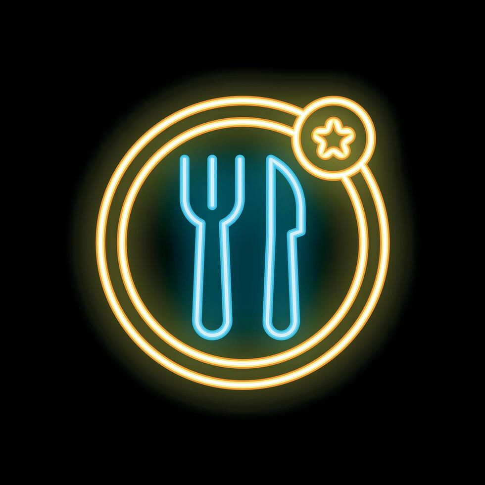 Neon sign showing fork and knife on a plate for restaurants and food industry vector