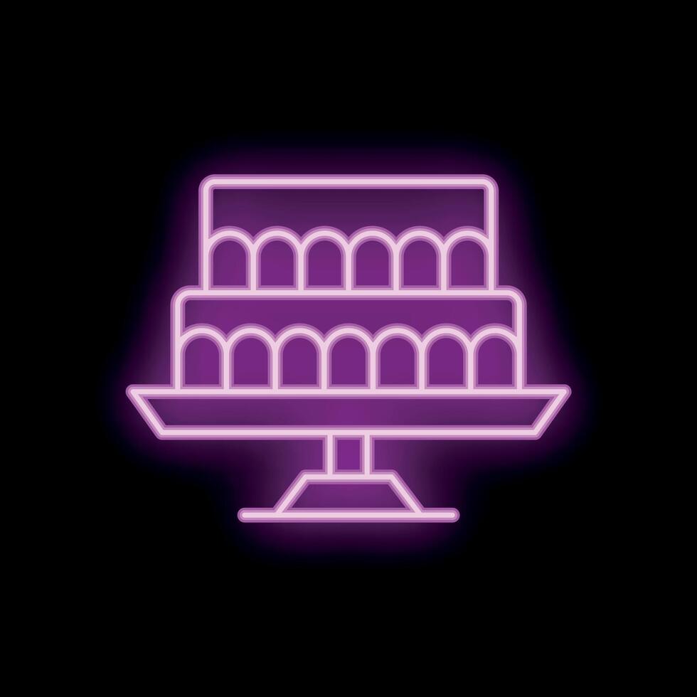 Neon sign of a cake standing on a pedestal on black background vector