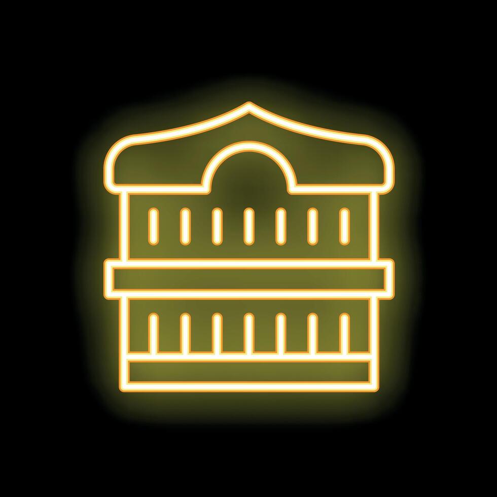 Yellow neon icon of muslim shrine kaaba on dark background vector