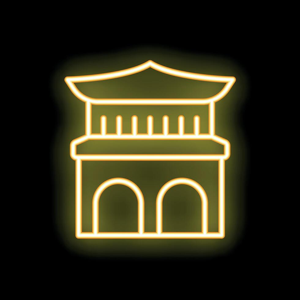Yellow neon sign of traditional korean palace gate glowing on black background vector