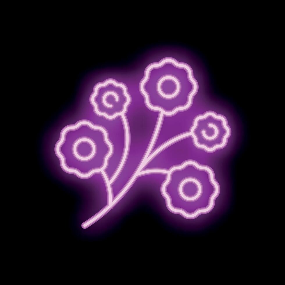 Purple neon flowers bouquet glowing on black background vector
