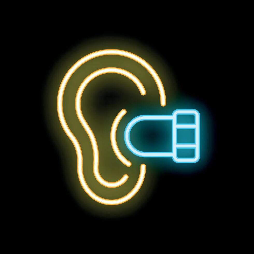 Neon icon of ear hearing aid device assisting with hearing loss vector