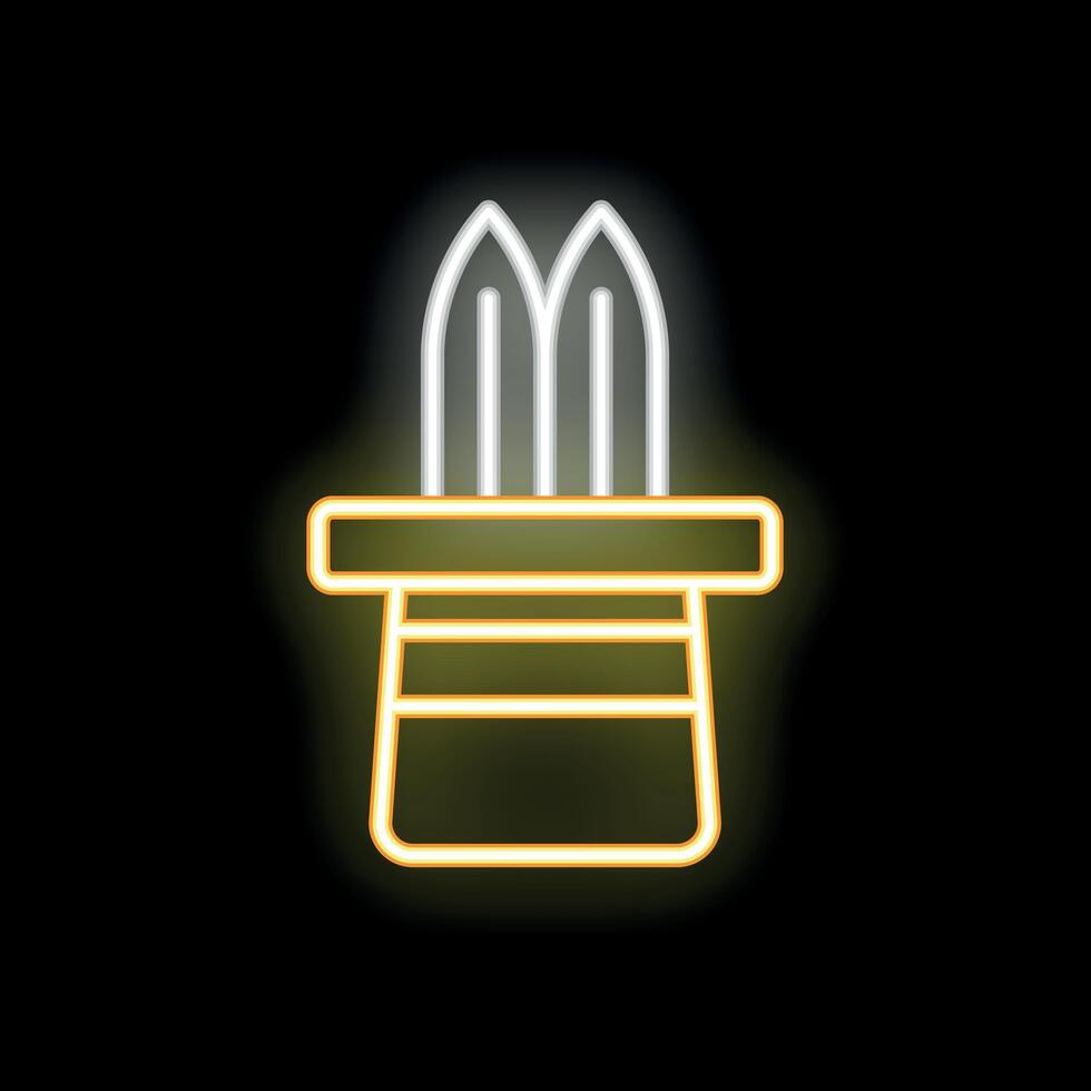 Neon sign of two swords piercing magician top hat on black background vector