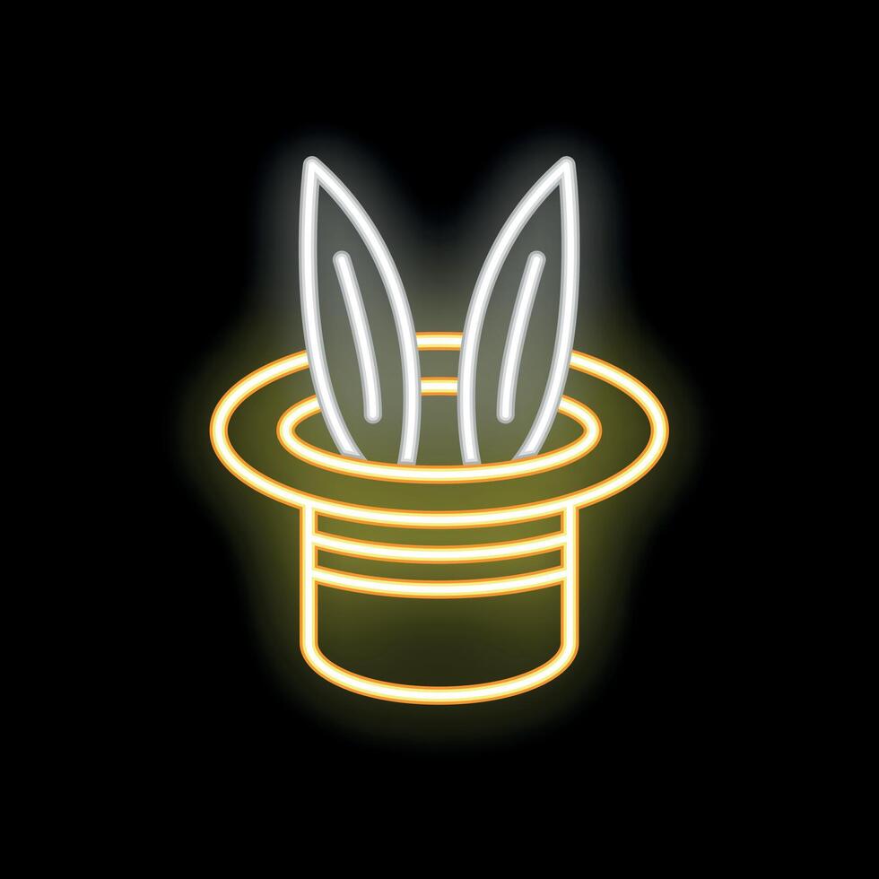 Neon sign of rabbit ears disappearing into a magician's hat on black background vector