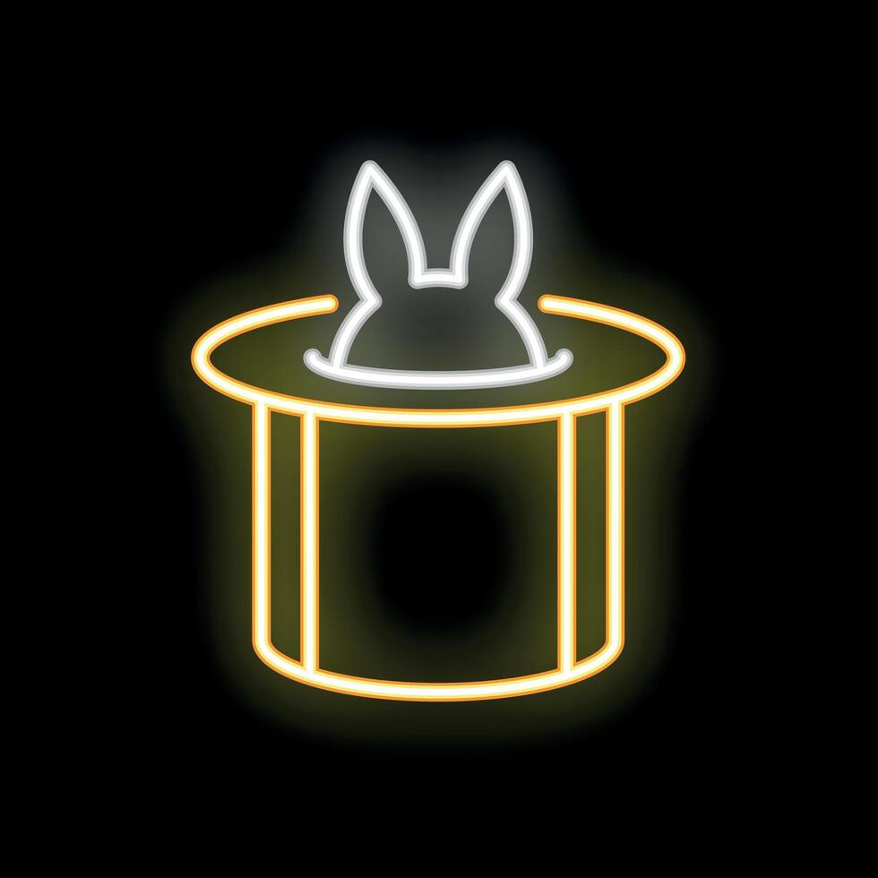 Magic show with rabbit appearing from hat neon sign on black background vector