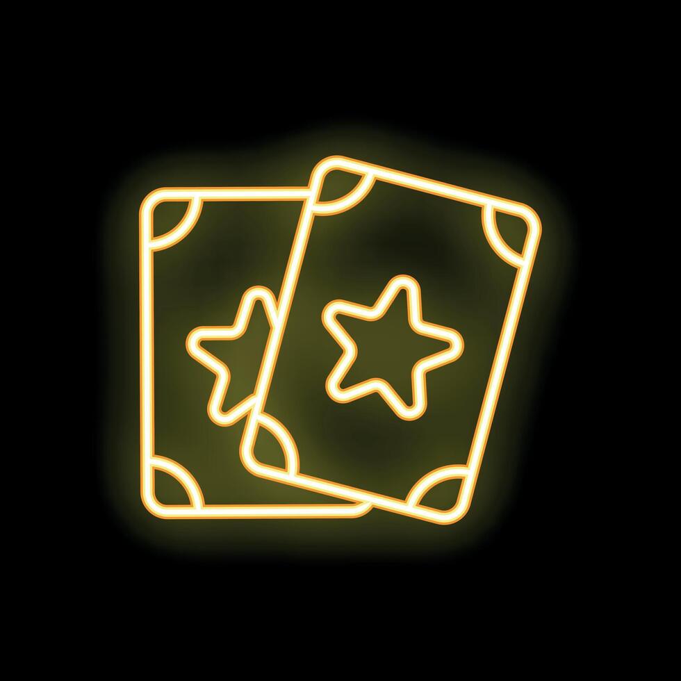 Neon icon of two tarot cards glowing yellow on black background vector