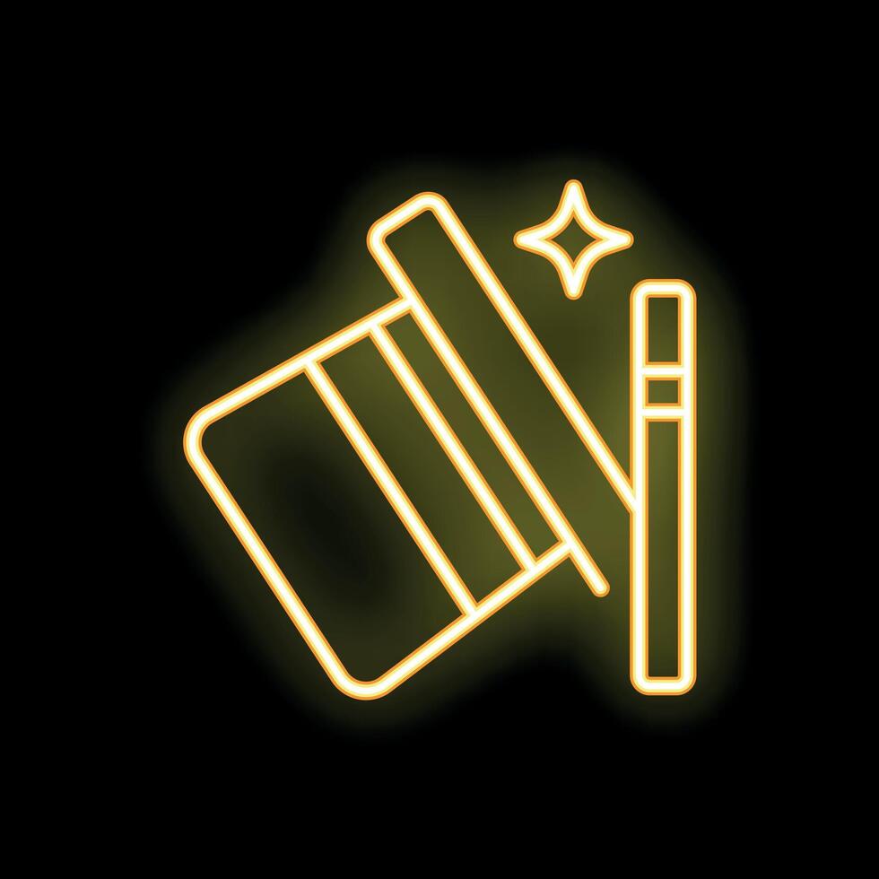 Neon sign representing a magic wand conjuring a magic top hat on black background vector