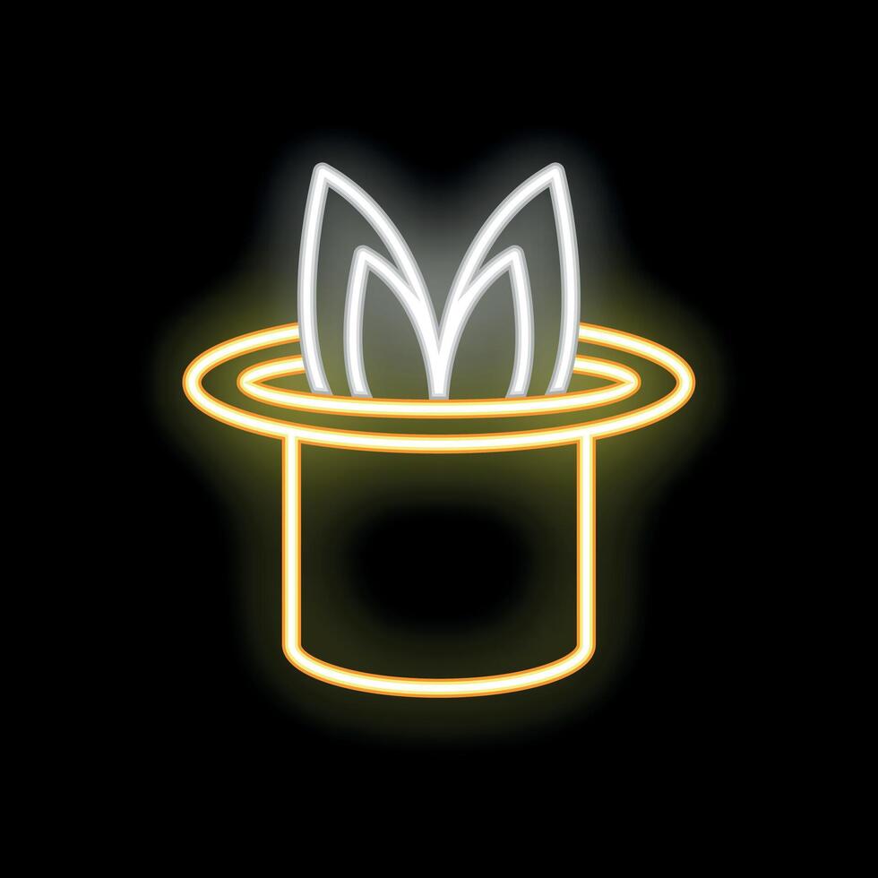 Glowing neon sign of rabbit ears disappearing into a top hat on black background vector
