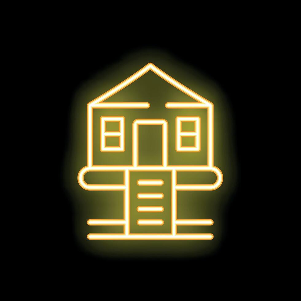 Neon sign depicting a small house with porch and stairs glowing yellow on black background vector