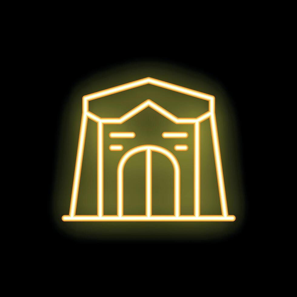 Neon yellow building facade with glowing lights on black background vector