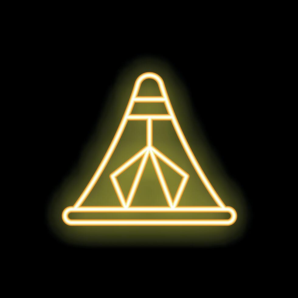 Glowing neon icon of a camping teepee tent on a black background vector