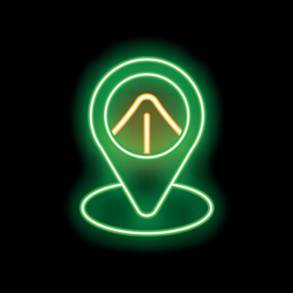Glowing neon green location pin icon showing camping tent symbol on black background vector
