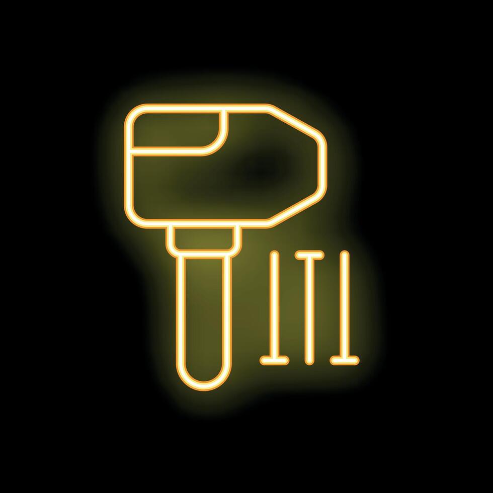 Neon yellow hammer and nails icon glowing on black background vector