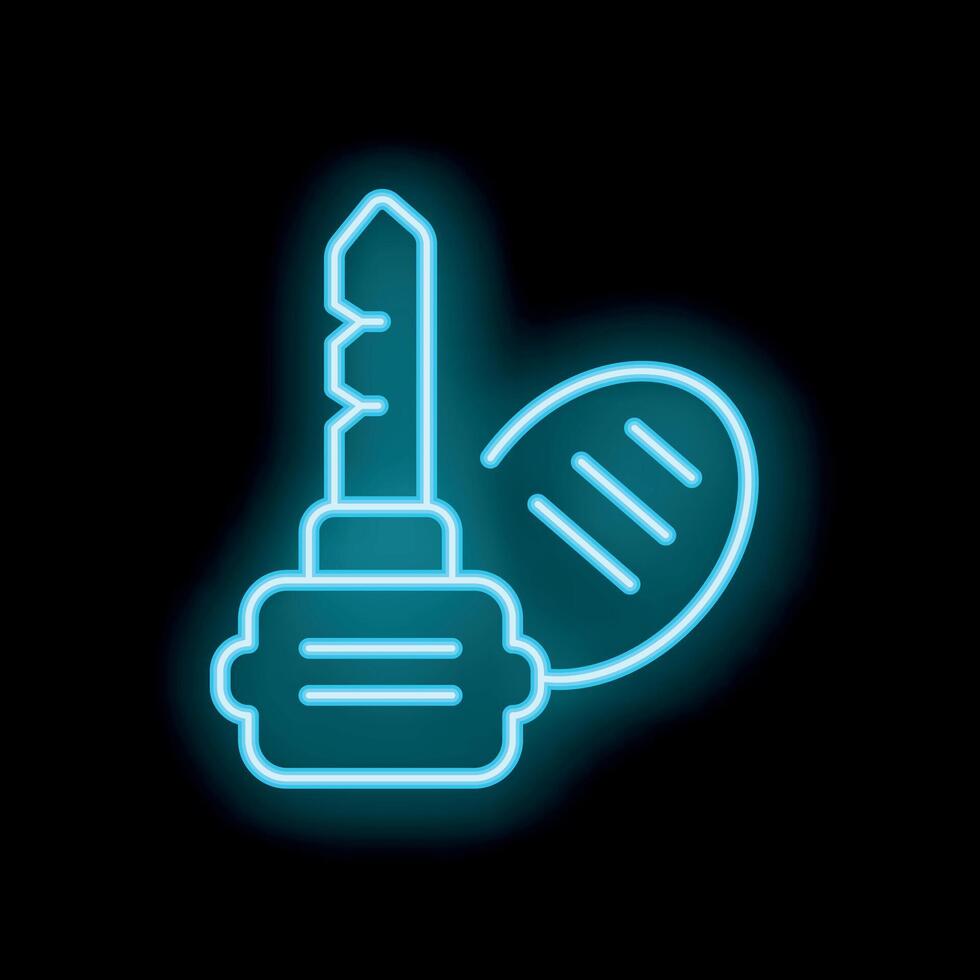 Neon key and key fob glowing on black background vector