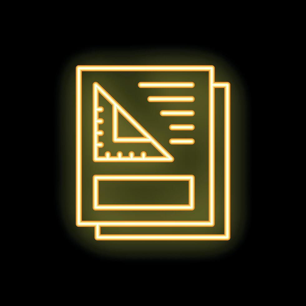 Yellow neon icon of technical drawing is glowing on a black wall vector
