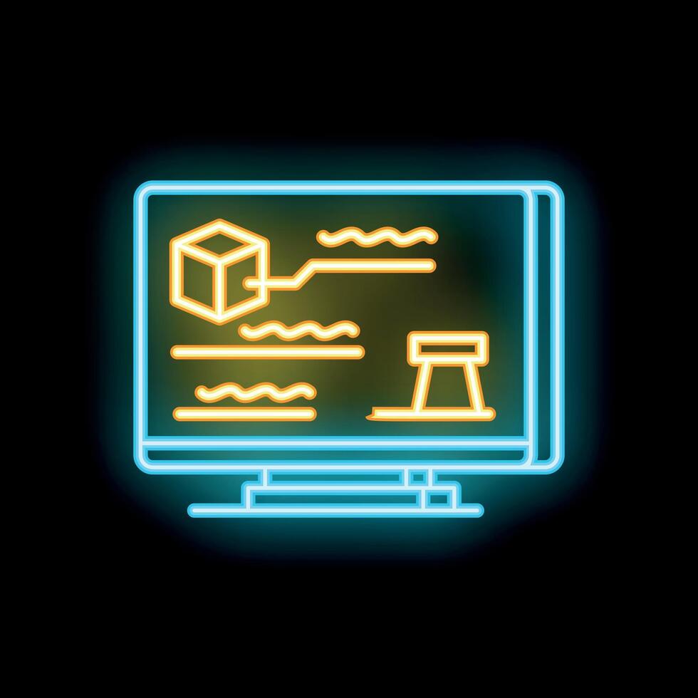 Neon icon of computer showing product design process on screen vector
