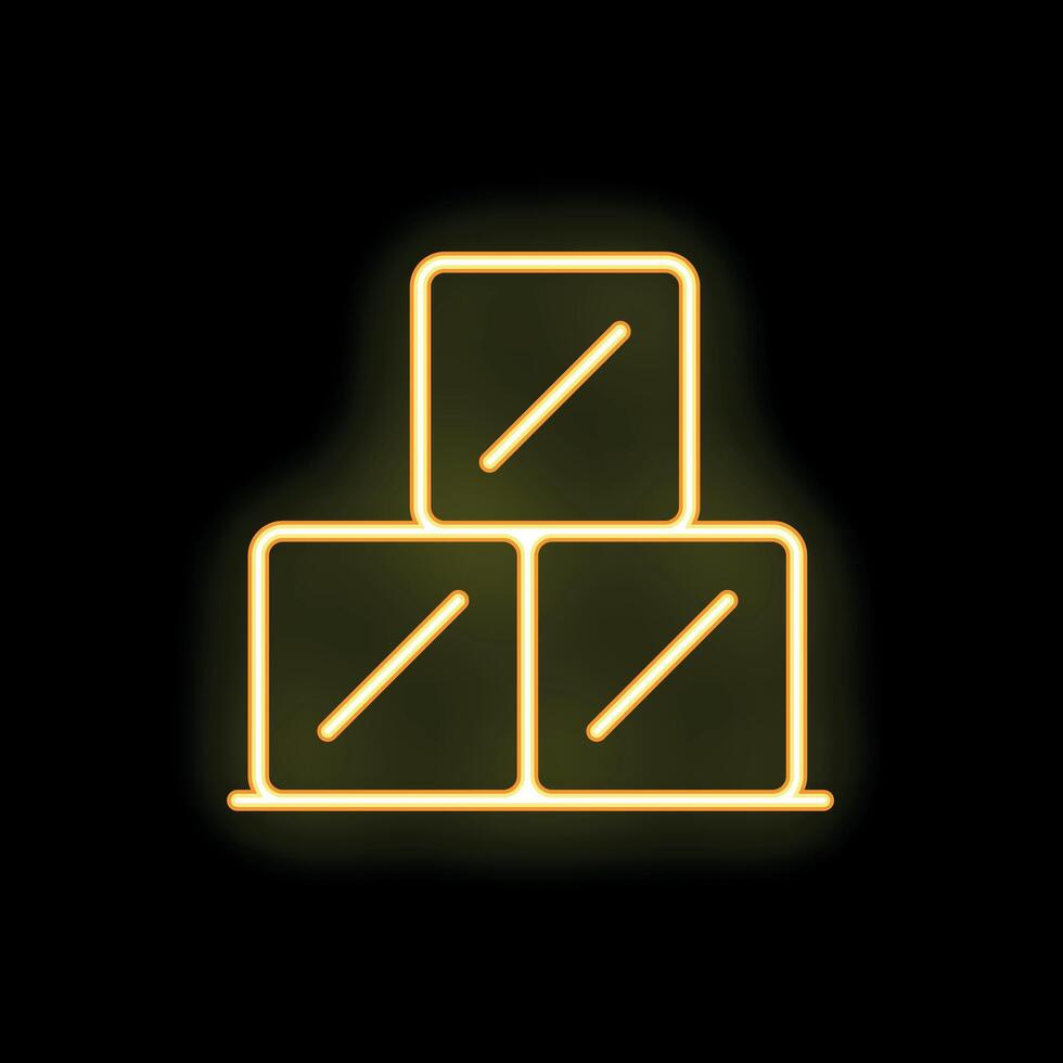 Neon yellow stacked boxes glowing on black background vector