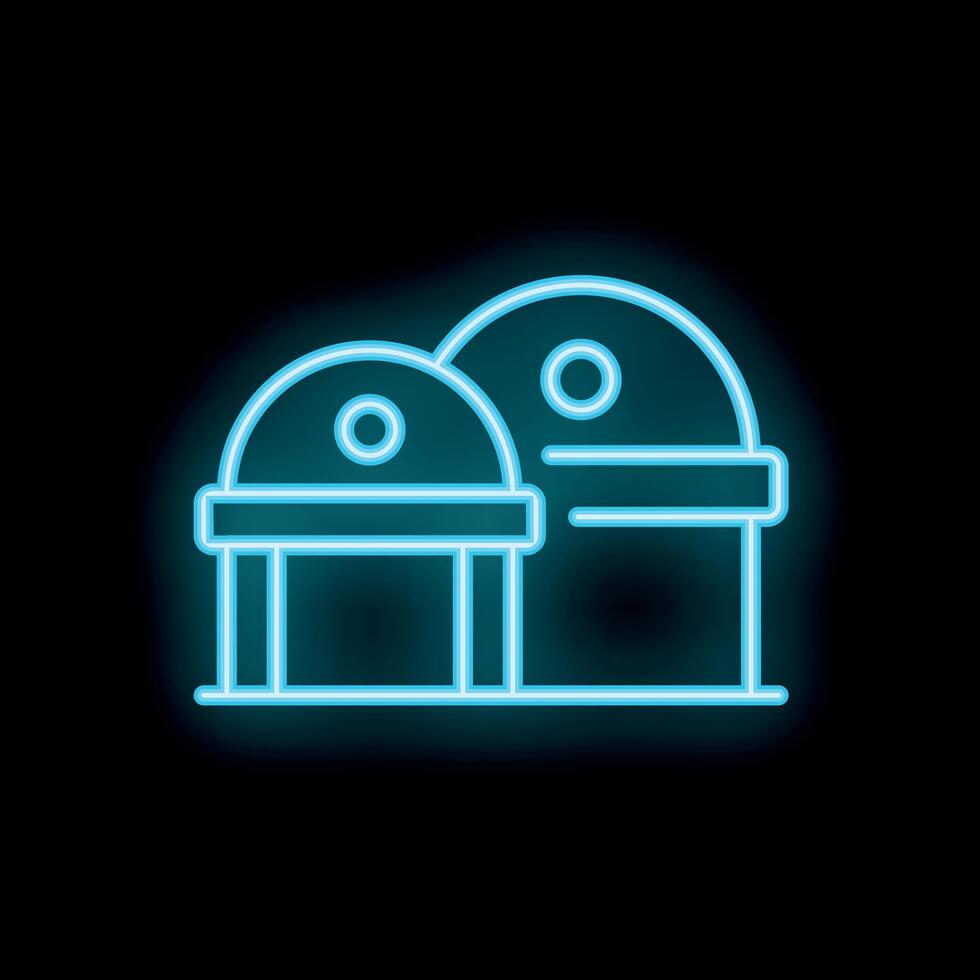 Blue neon sign representing farm silos on black background vector
