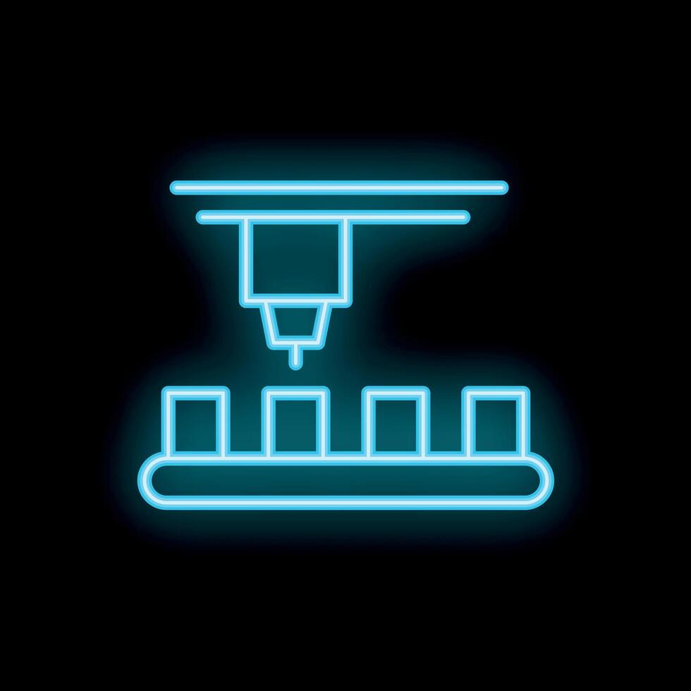 Neon icon of industrial 3d printer printing cubes on conveyor belt vector
