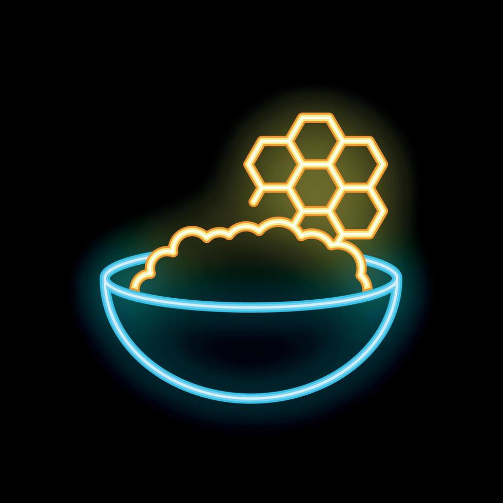 Neon icon of a bowl being filled with honey from honeycombs vector