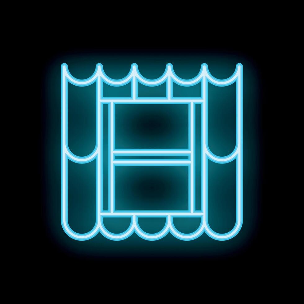Neon icon of a market stall with canopy awning glowing blue on black background vector