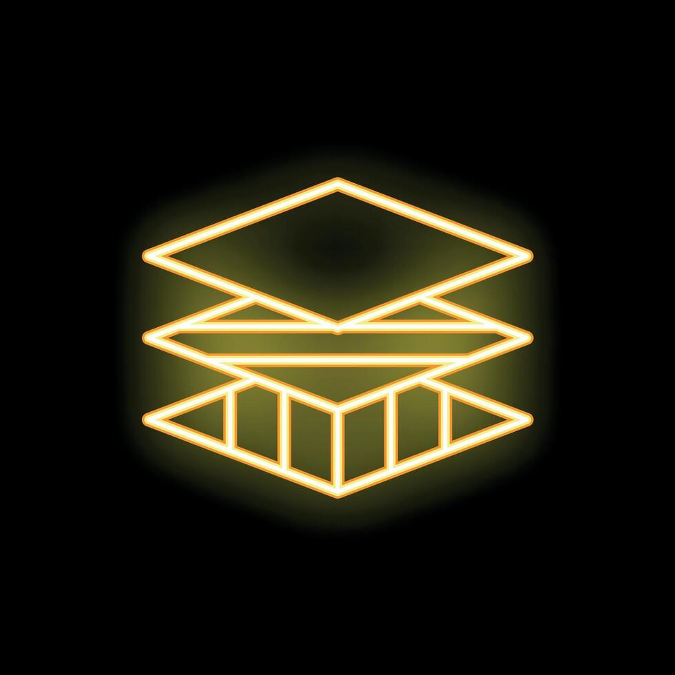 Neon yellow icon of three layers glowing on a black background vector