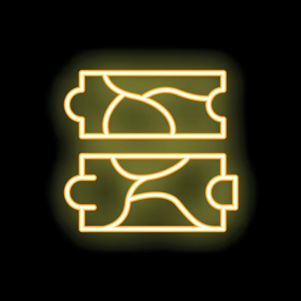Yellow neon sign of two puzzle pieces on a black background vector